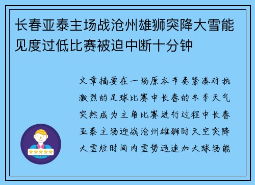 长春亚泰主场战沧州雄狮突降大雪能见度过低比赛被迫中断十分钟